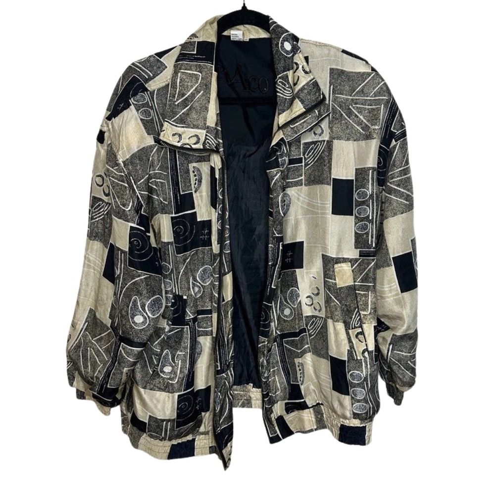 CoAco 100% Silk Funky Landmark Print Jacket Sz 1X Men's Vtg Quirky Unique